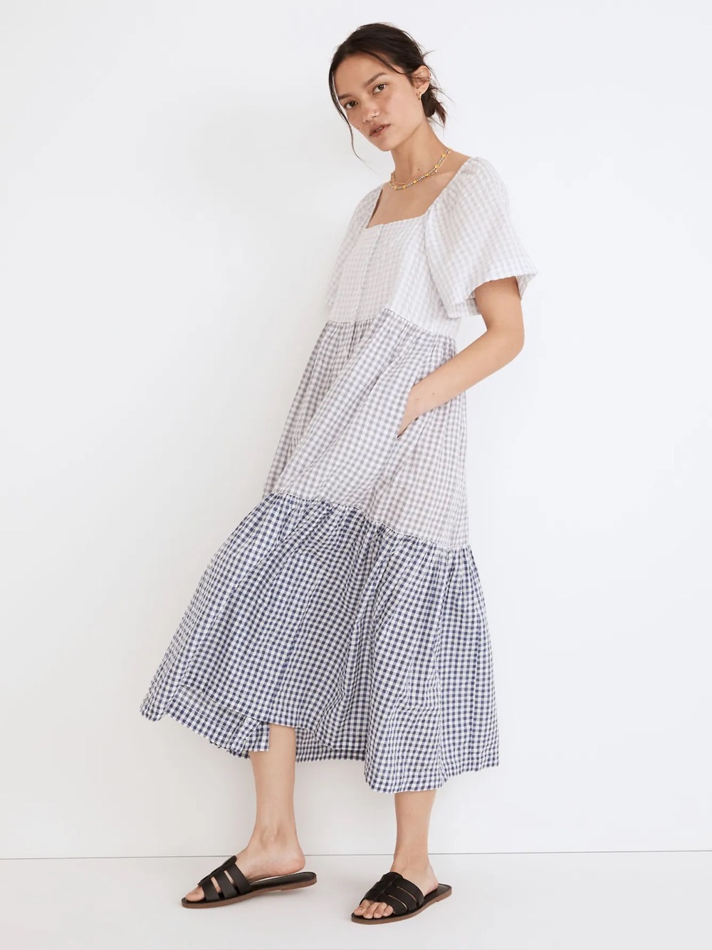 Madewell Patchwork Gingham Button-Front Tiered Midi Dress XS - Picture 2 of 5